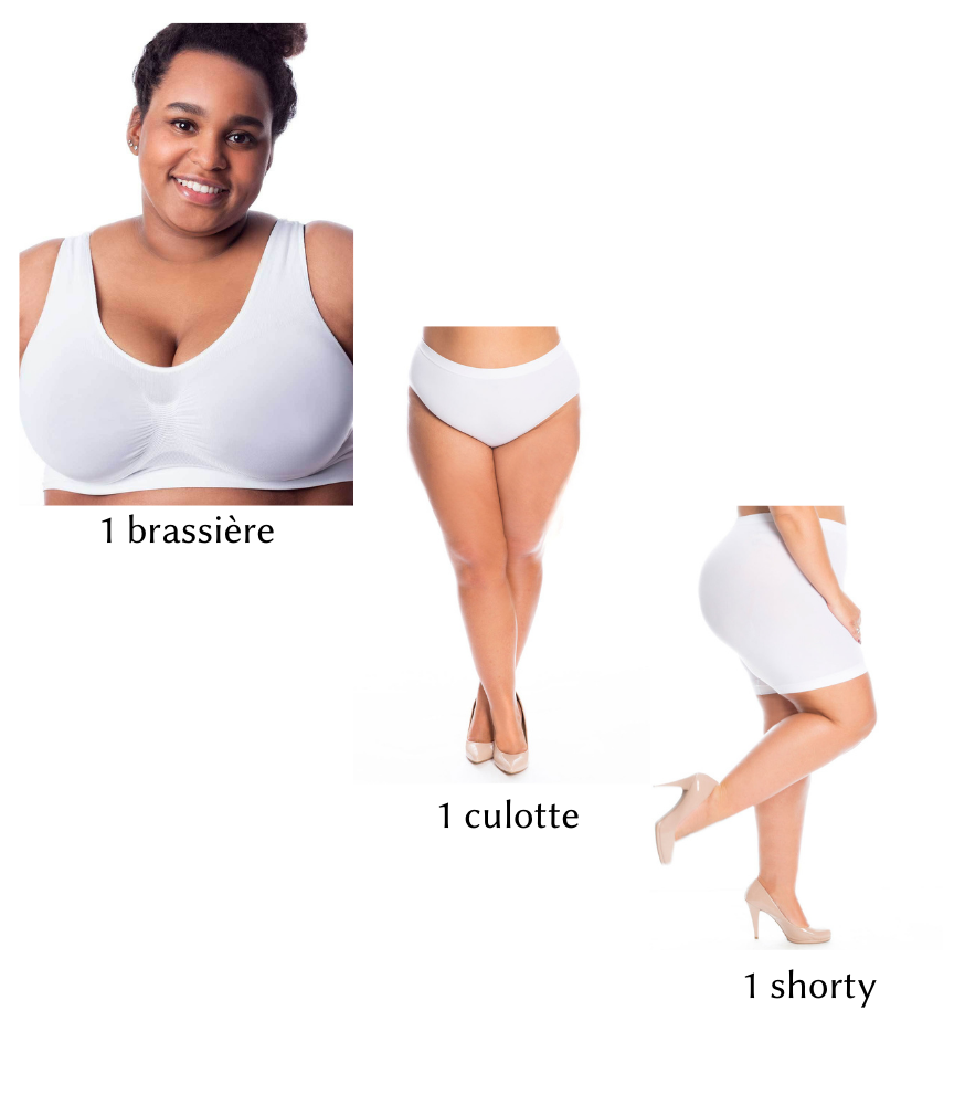 Coordonné 3 pièces grande taille (1 brassière + 1 culotte + 1 shorty)