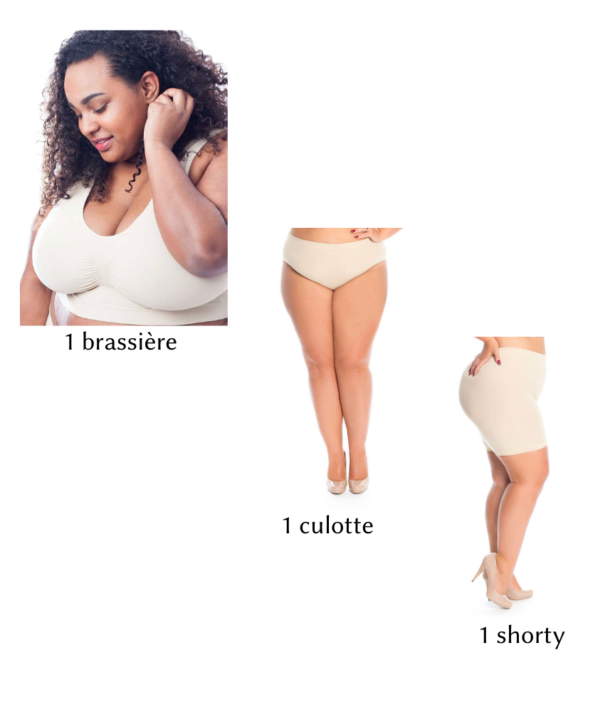 Coordonné 3 pièces grande taille (1 brassière + 1 culotte + 1 shorty)