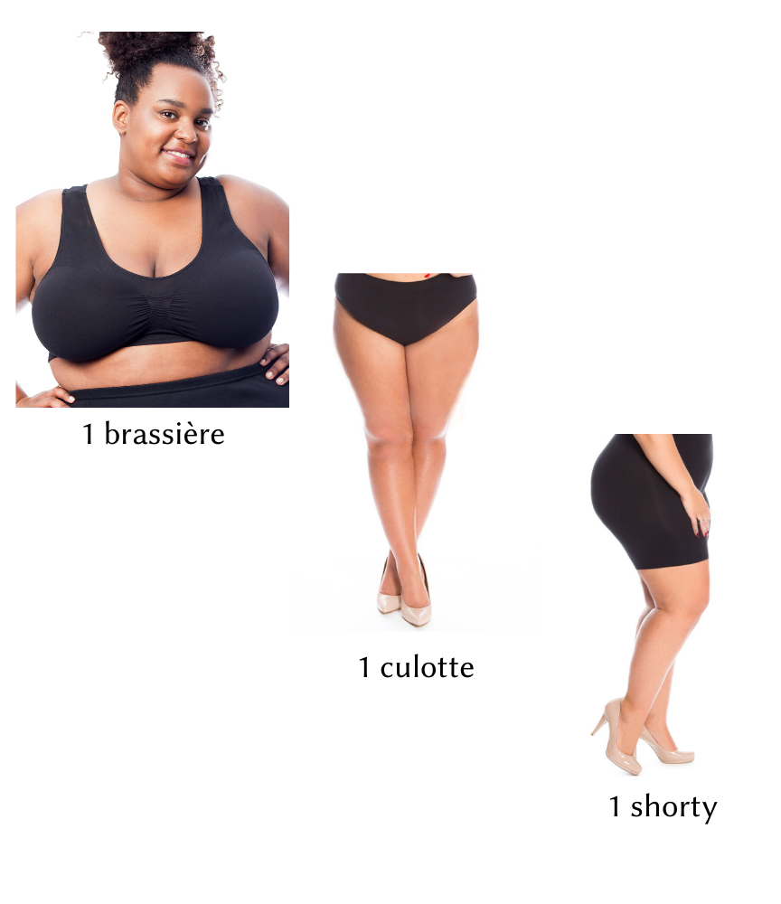 Coordonné 3 pièces grande taille (1 brassière + 1 culotte + 1 shorty)